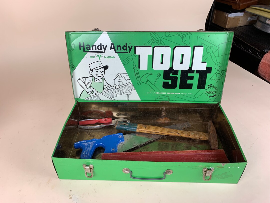 Vintage Handy Andy Metal Tool Box Toy Tools Saw Plane Level Etsy