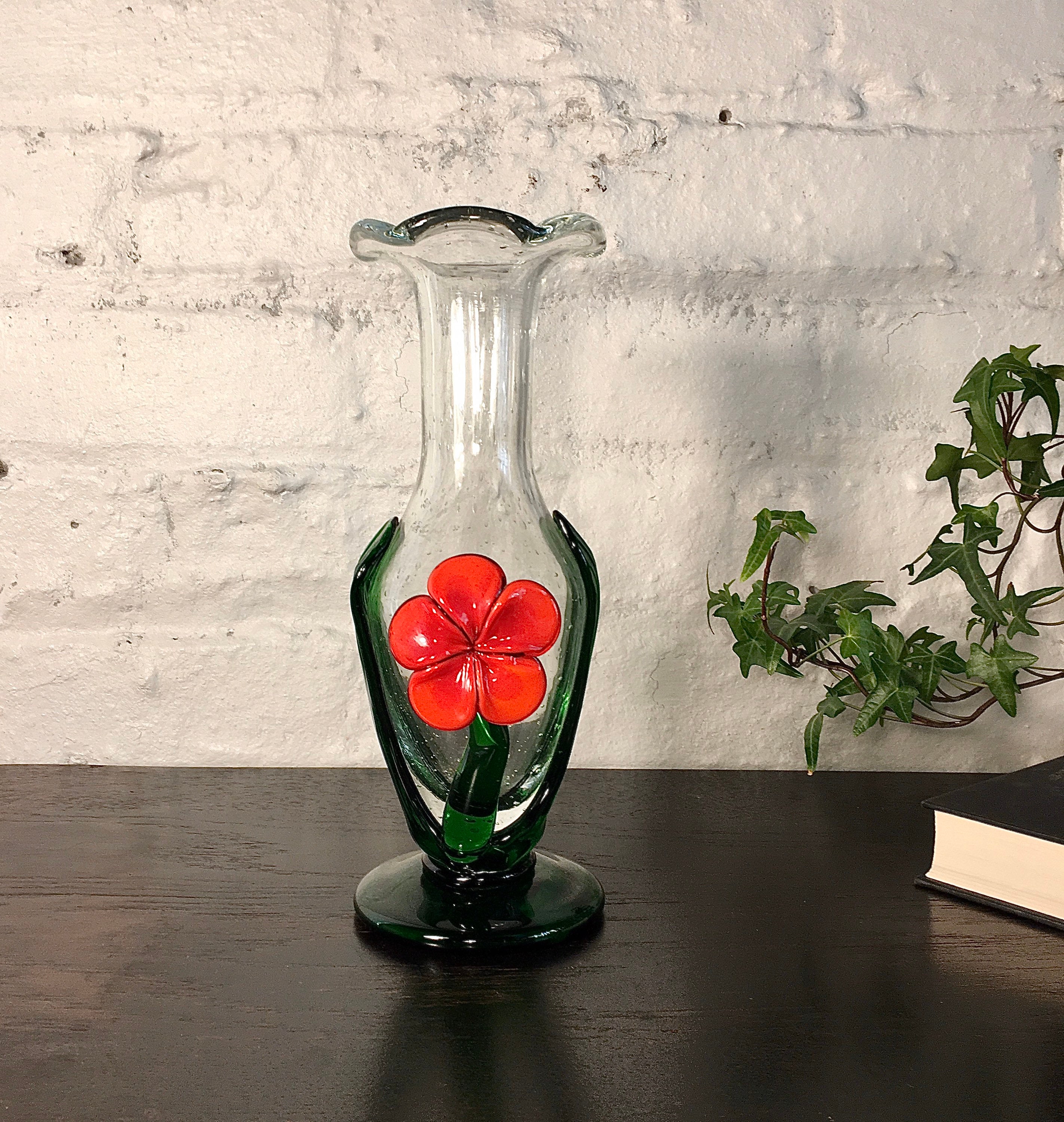 Vintage Hand Blown Glass Vase With Flower Flower Shaped Vase Etsy