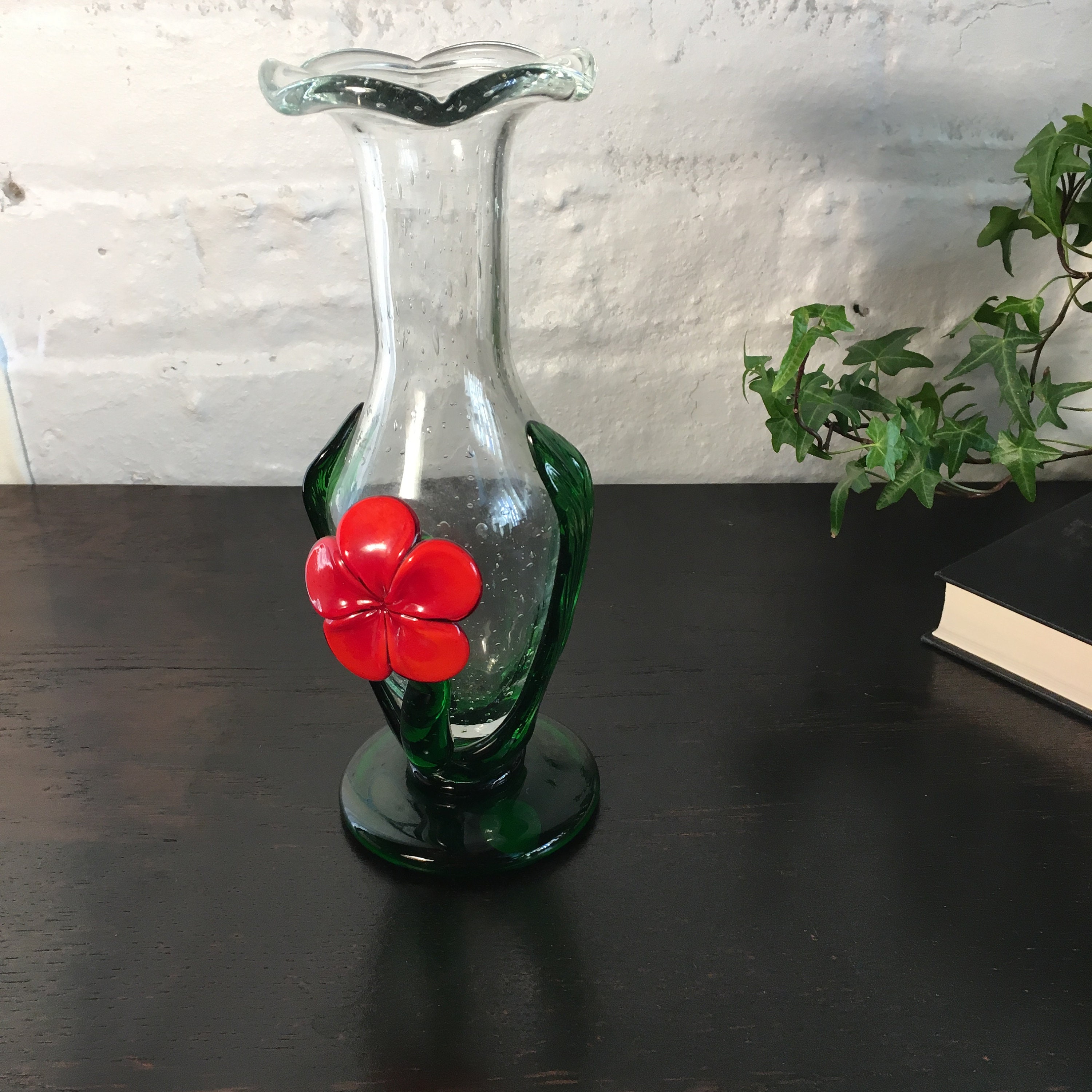 Vintage Hand Blown Glass Vase With Flower Flower Shaped Vase Etsy