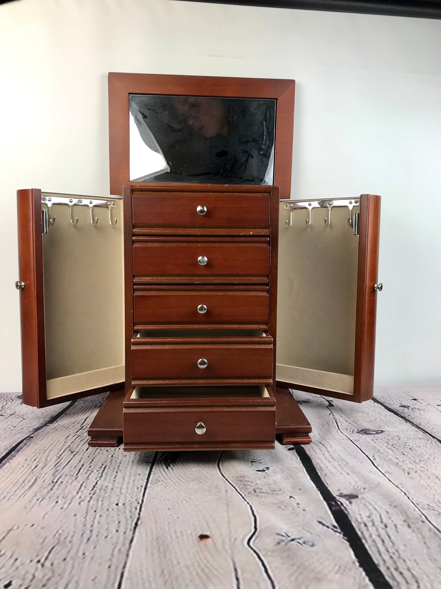 Vintage Large Jewelry Box Armoire Jewelry Box Drawers Mirror Etsy