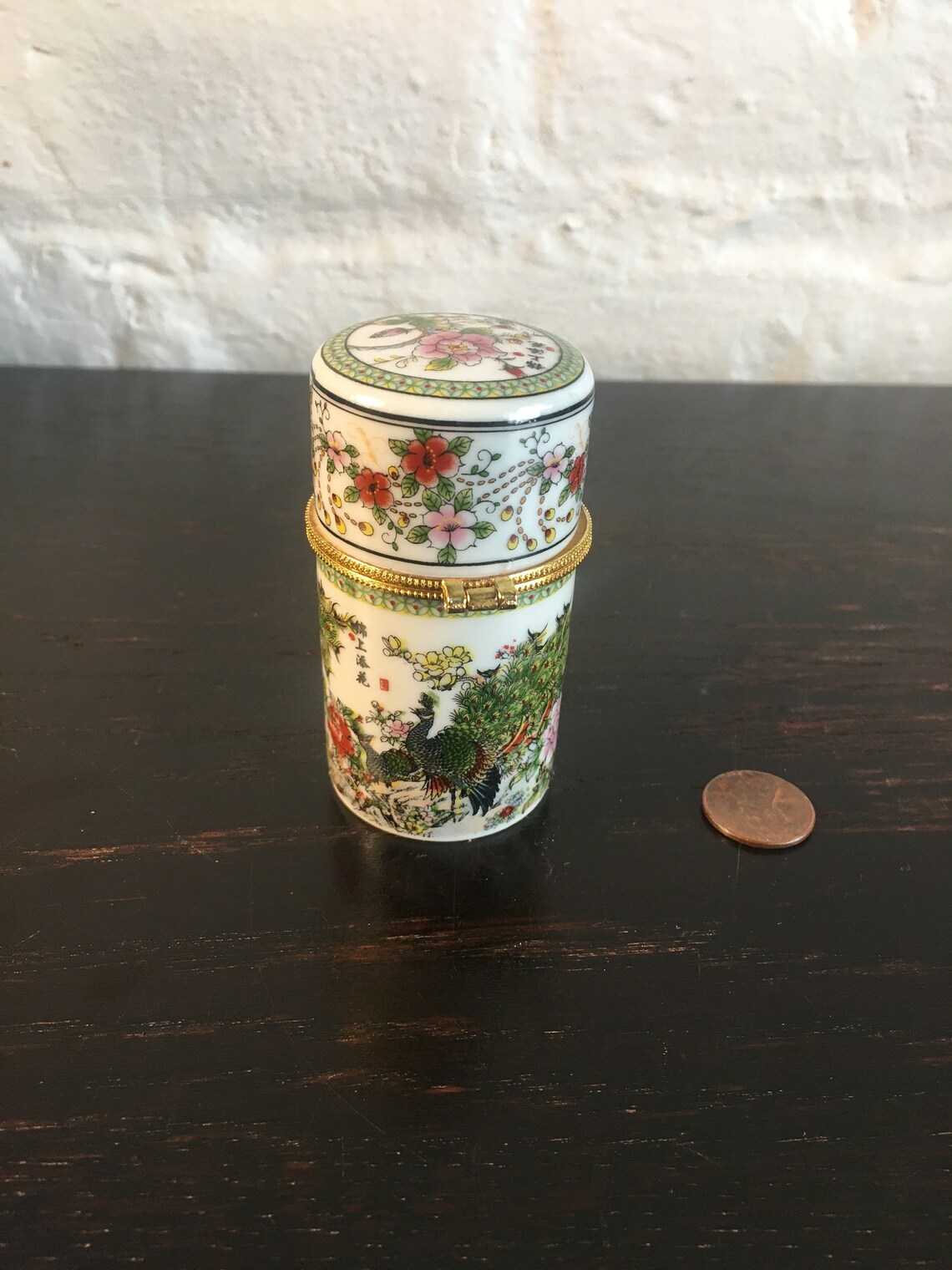 Tiny Porcelain Peacock Jewelry Box Pill Box Vintage Oriental Etsy