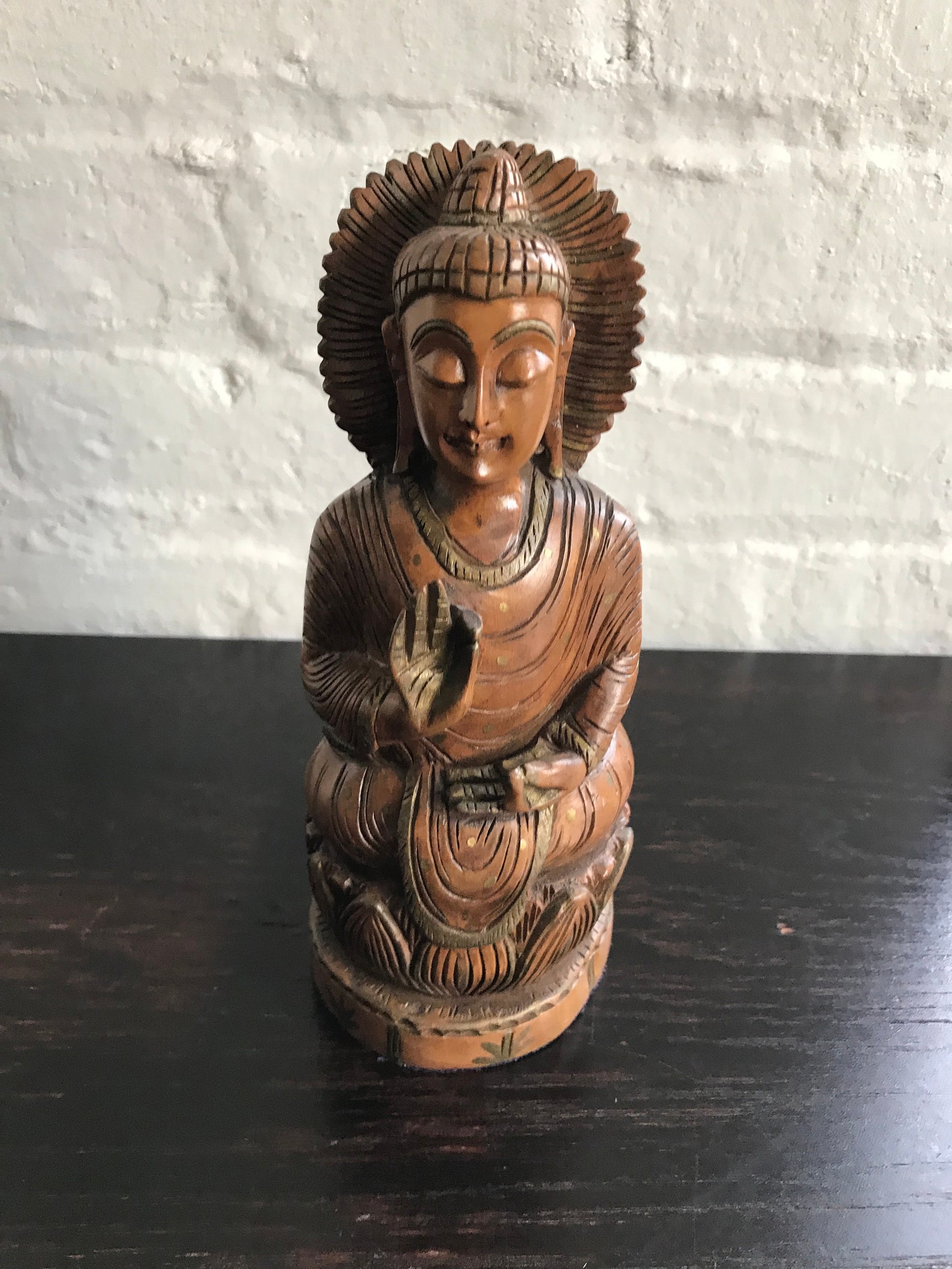 Carved Wood Female Buddha Figurine Buddhism Peace Statue Etsy