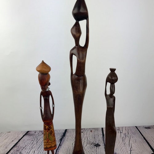 Modern African Statues, Tall shops Wooden African Woman Sculpture Set 3, African Tribal Man Hand Painted, Atomchicago
