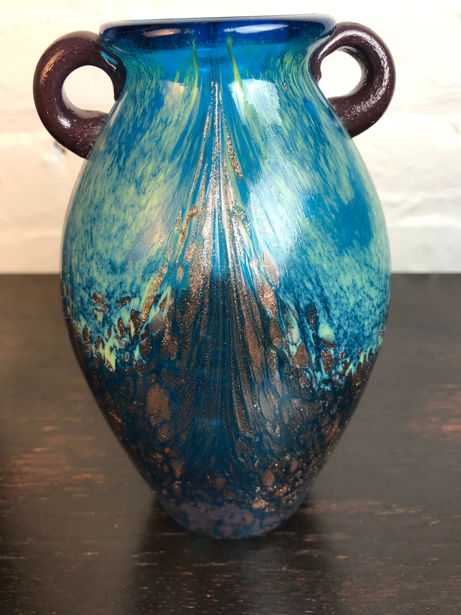 Vintage Turquoise Vase Two Handles Glass Vase Art Glass Blue Etsy