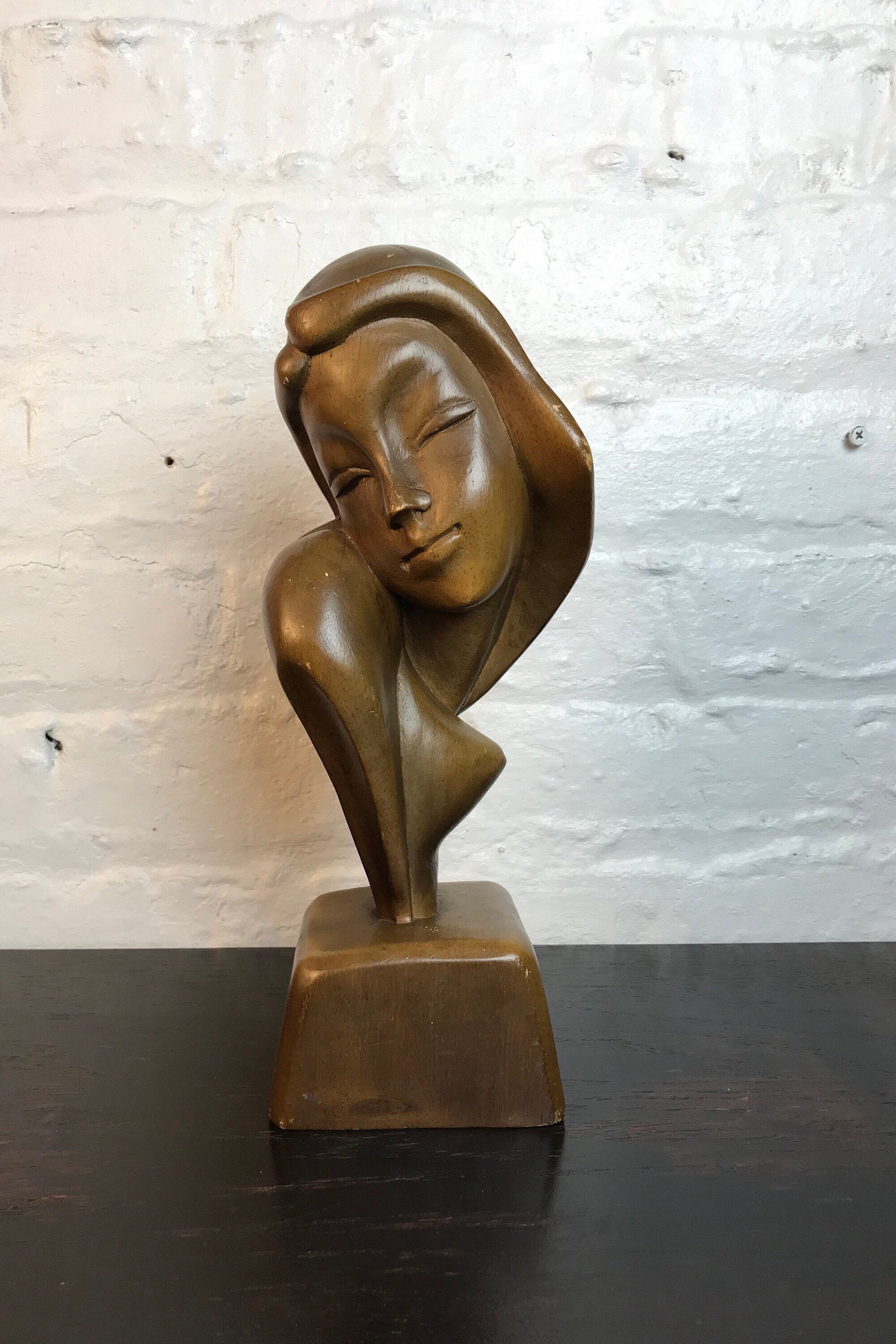 Art Deco Carved Wood Head Sculpture Wooden Woman Head Statue Etsy