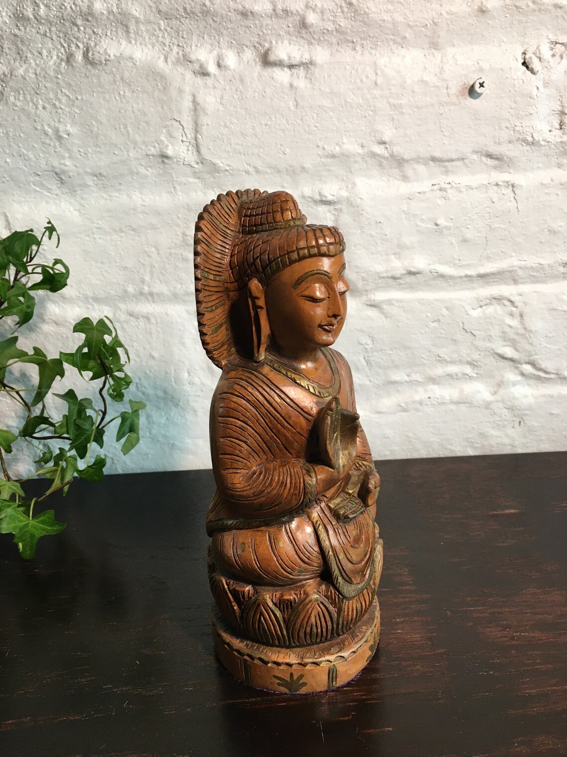Carved Wood Female Buddha Figurine Buddhism Peace Statue Etsy