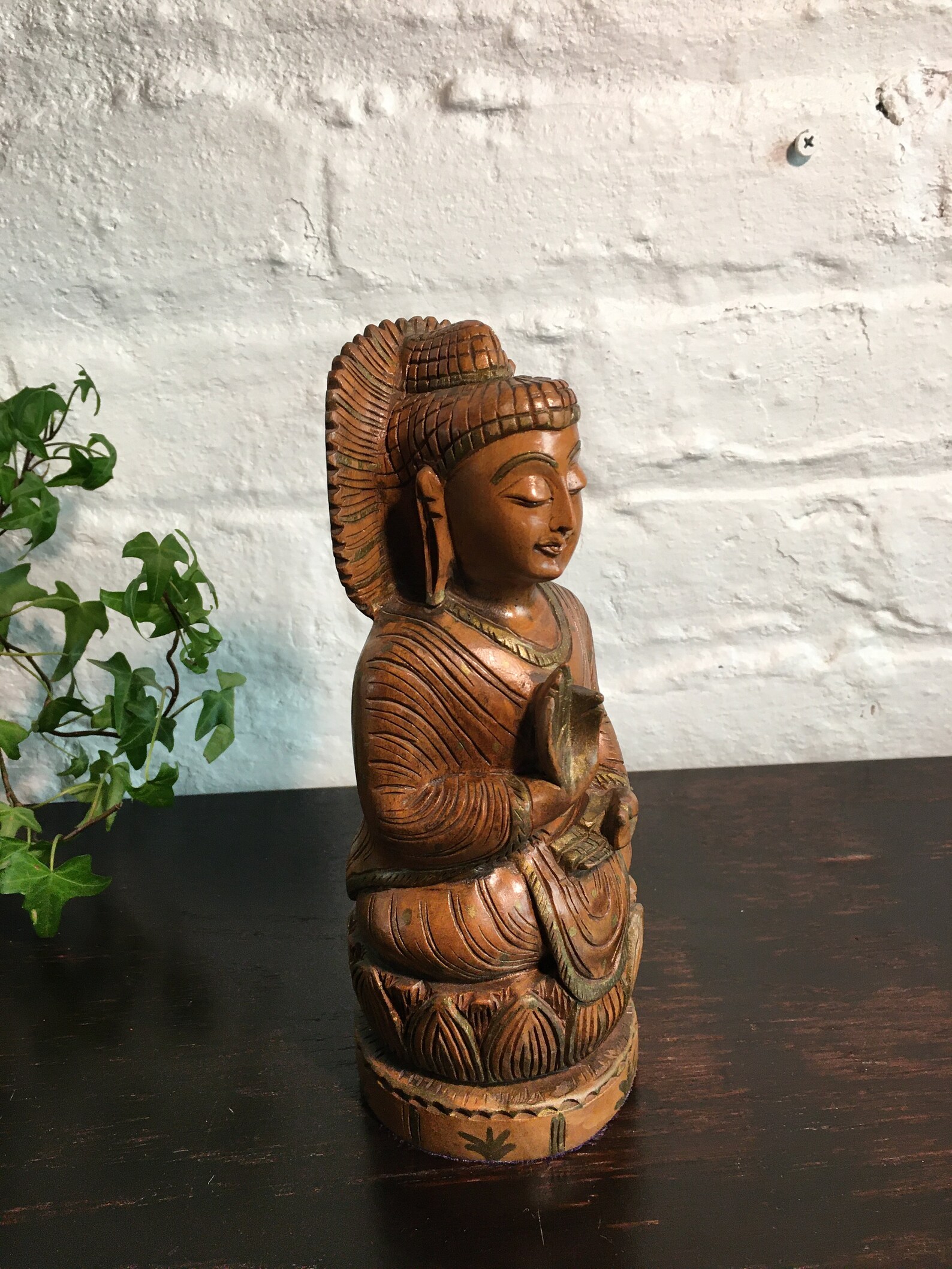 Carved Wood Female Buddha Figurine Buddhism Peace Statue Etsy