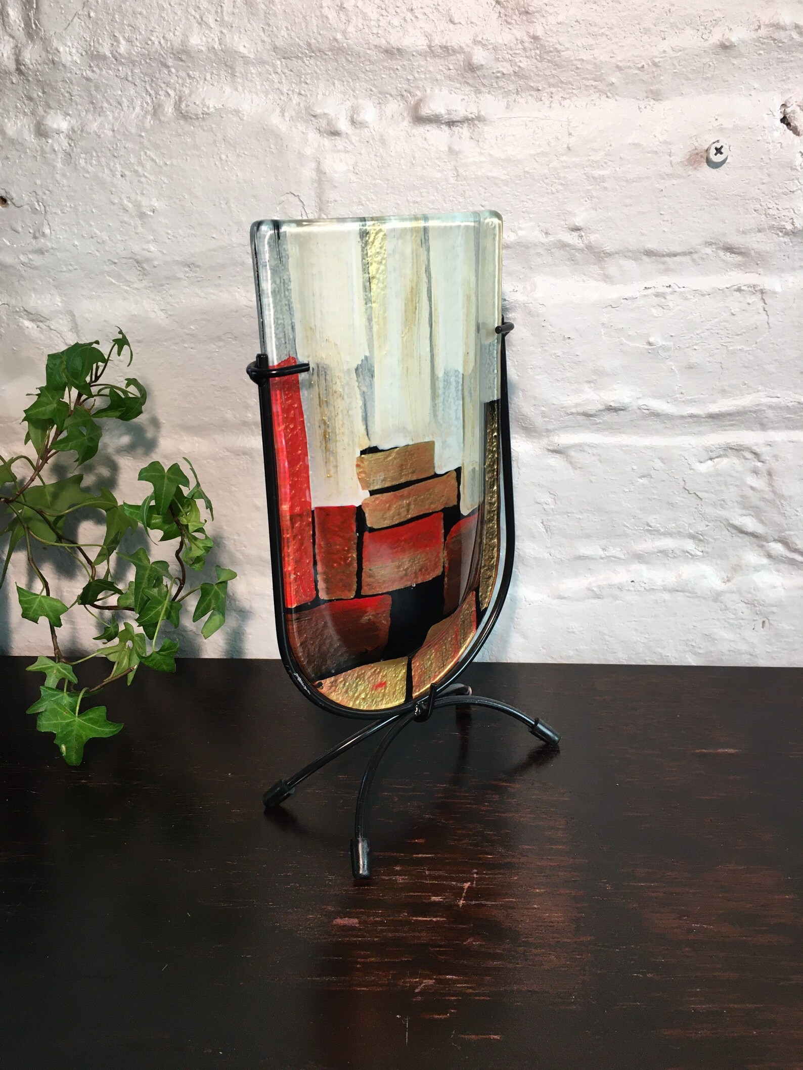 Art Glass Vase Metal Stand Small Gold Red Vase Atomchicago Etsy