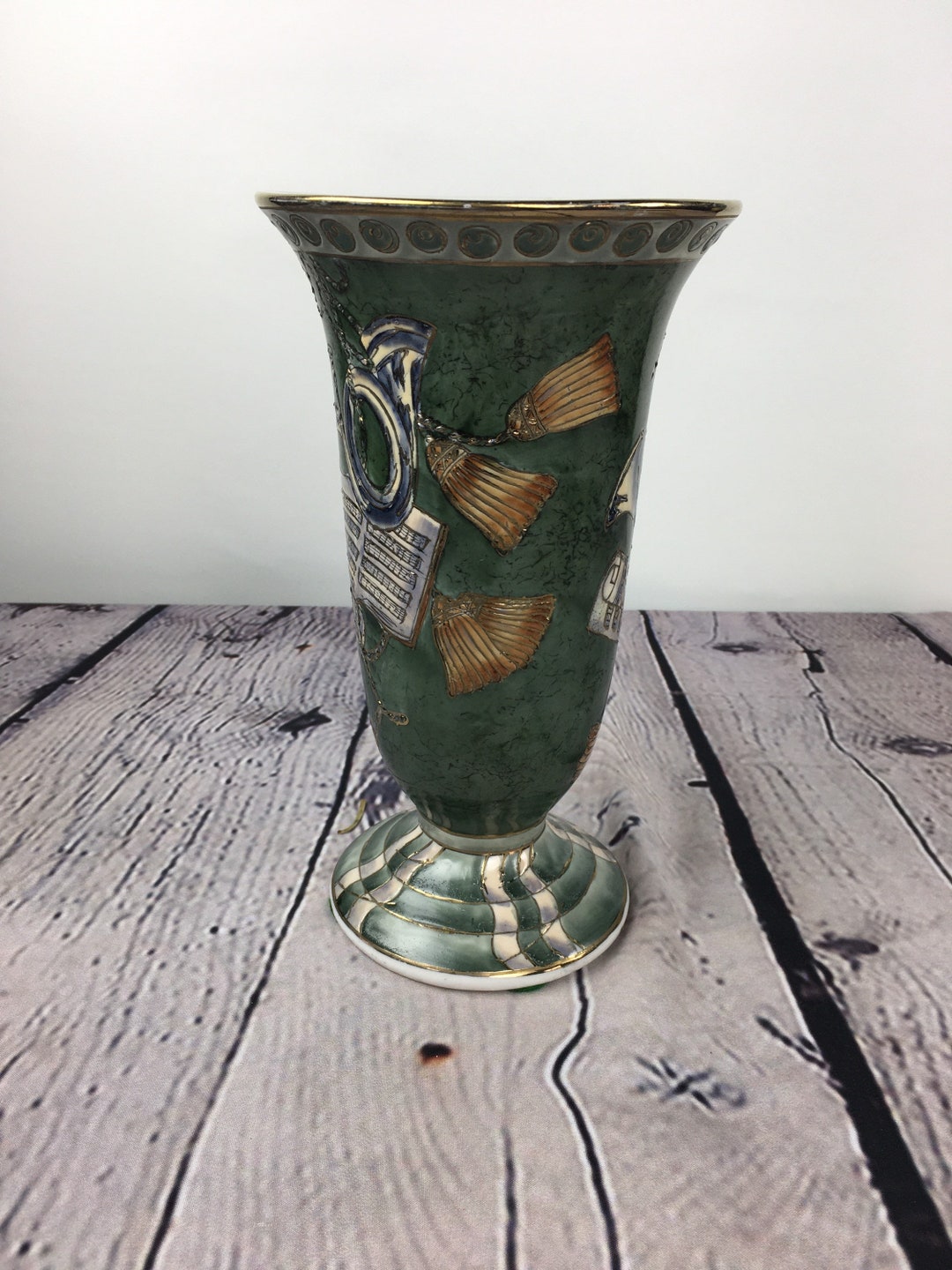 Vintage Music Notes Vase Green Gold Ceramic Vase Music Room Etsy