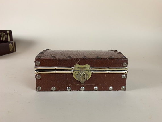 Vintage Brown Leather Treasure Box Riveted Wood Domed Pirate 