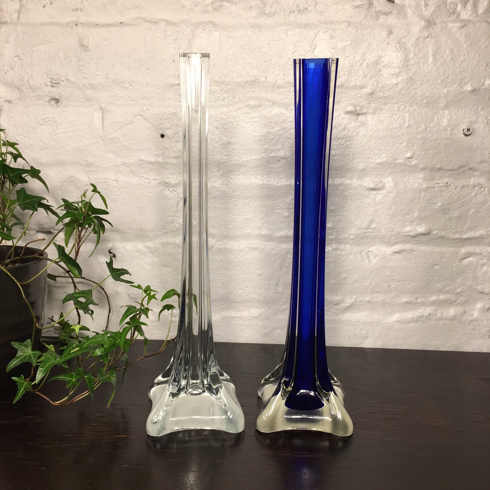 Two Thin Square Vases Cobalt Blue Glass Fluted Base Vase Etsy