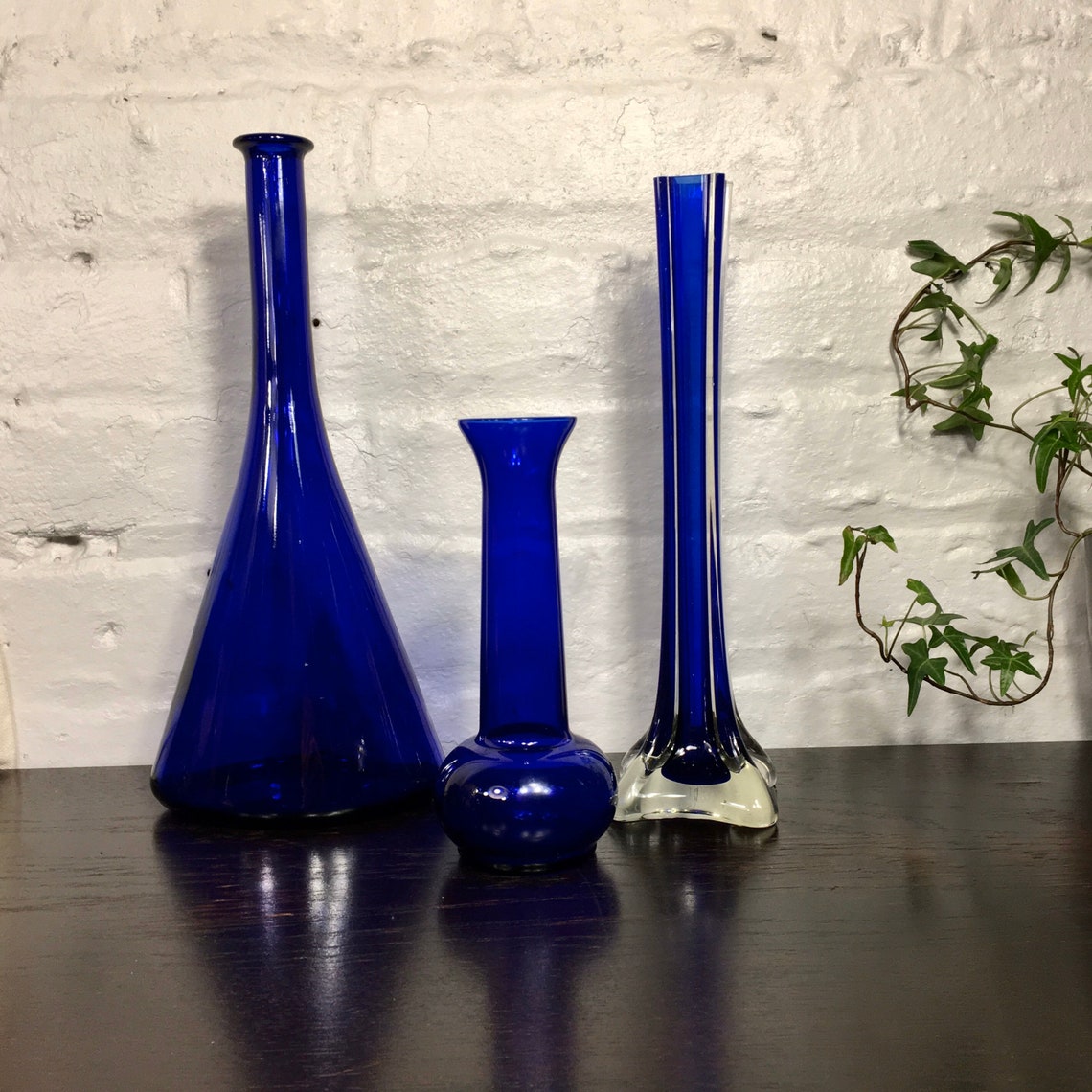 Two Thin Square Vases Cobalt Blue Glass Fluted Base Vase Etsy