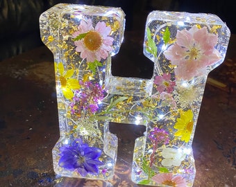 Unique custom made, large Resin Letter fairy light decor, personalised resin light, light up initial decoration, nightlight, Bedroom, flower