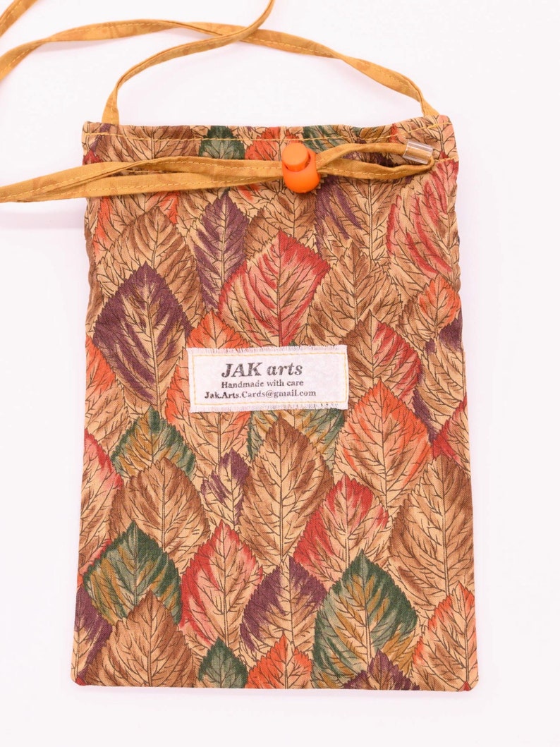 Cell Phone Crossbody Zipper Bag; Autumn Leaves with Adjustable Strap
