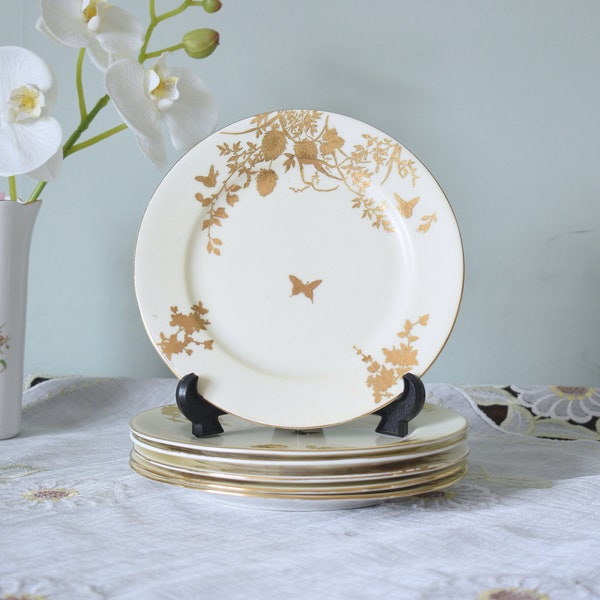 19 Century English Hand Painted Gold Enamel Butterfly in garden Ivory 6x Side Plate set ( 6 Pieces ) , Bone China ,Made in England #2402093