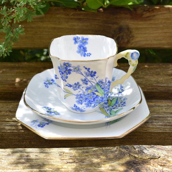 Rare find Vintage ROYAL STAFFORD Forget-Me-Nots Bone China Teacup , Saucer and Side plate set ( 3 Pieces ) , Made in England #2405054