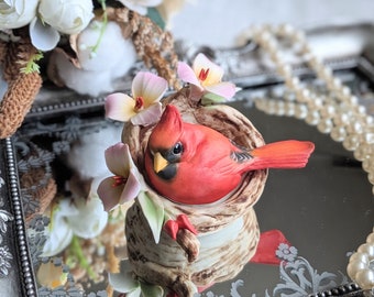 Delightful Vintage Capodimonte Fine Figurines Red Bird in net  , Bird Ornament , Porcelain , Made in Italy