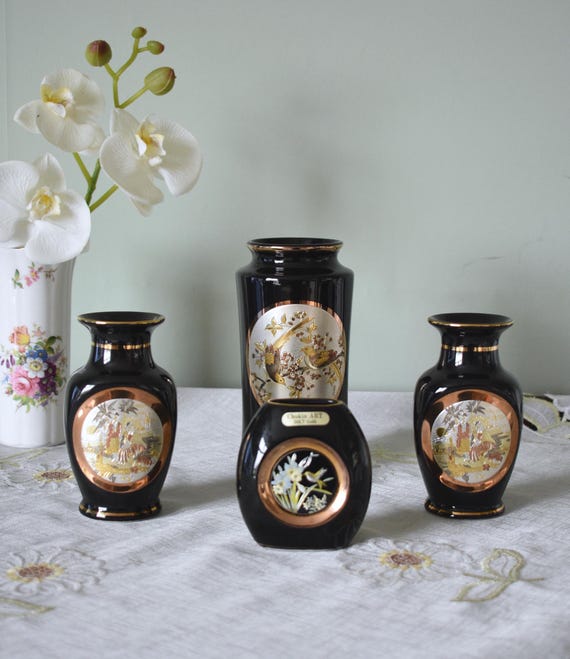 工芸品 CHOKIN ART 24KT Set of 4 Pieces the Art of Chokin / Zogan Vases 24 KT Gold Black