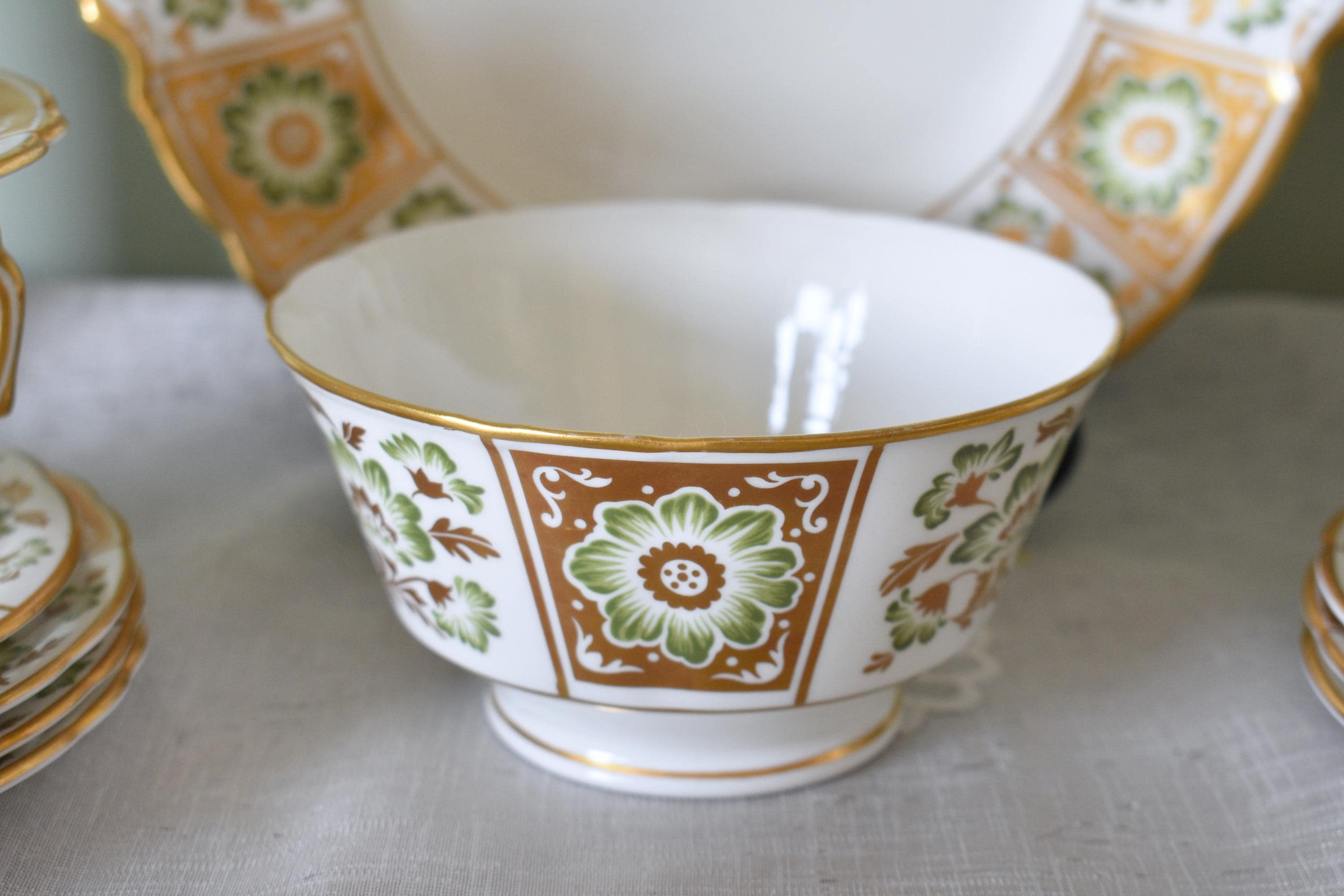 Service à Thé Royal Crown Derby - Vert Panneau Derby - Porcelaine Anglaise - Pour 6 Personnes - Occasion