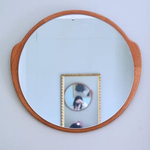 Vintage Round Teak mirror ,art deco wooden mirror, Wall Mirror, Hallway mirror late 20th Century ca.#2502031