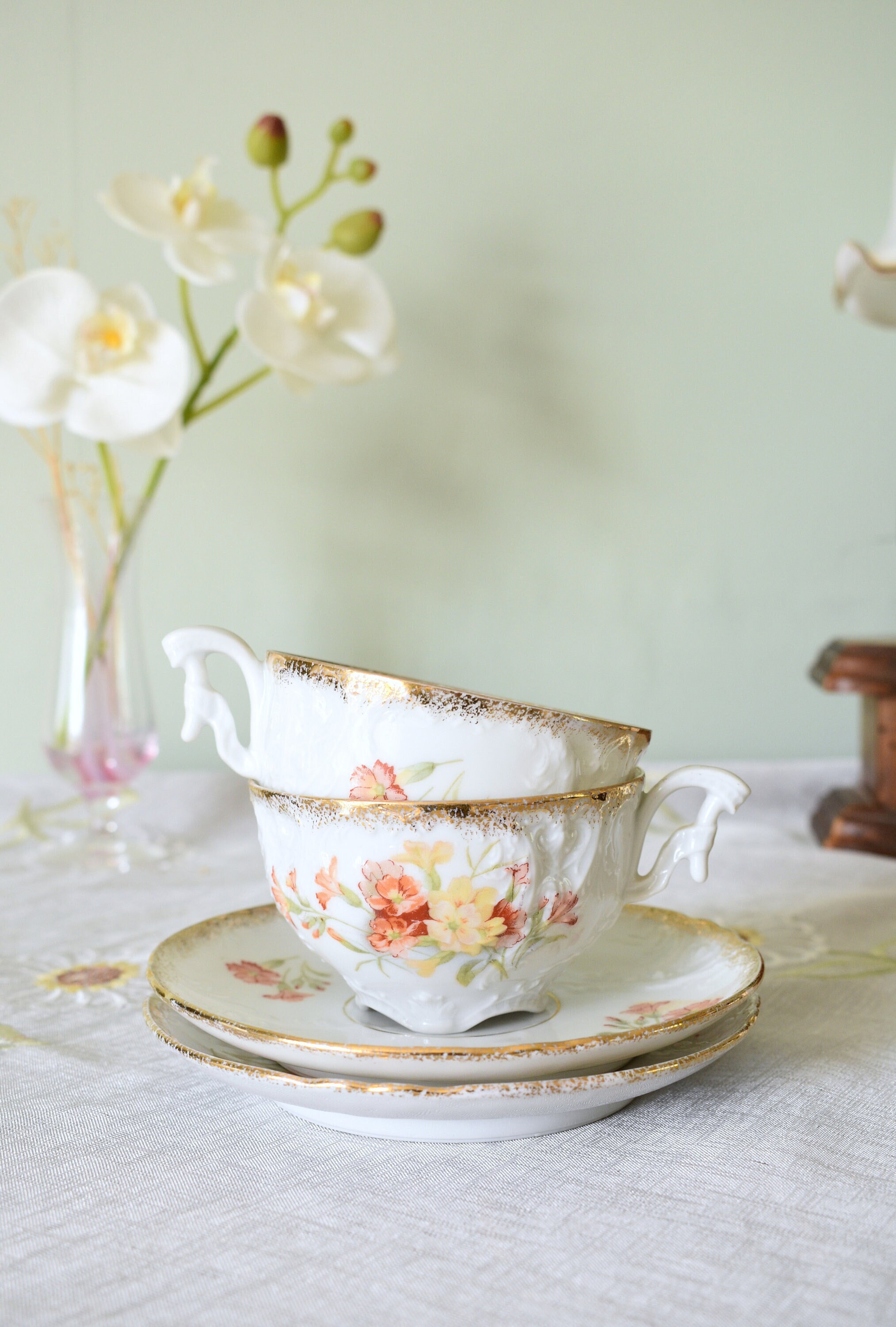 Pair of Elegant Antique C.T Carl Tielsch Ribbon Embossed porcelain footed cup and saucer c1875 - c1935 ( 4 pieces )#2010054