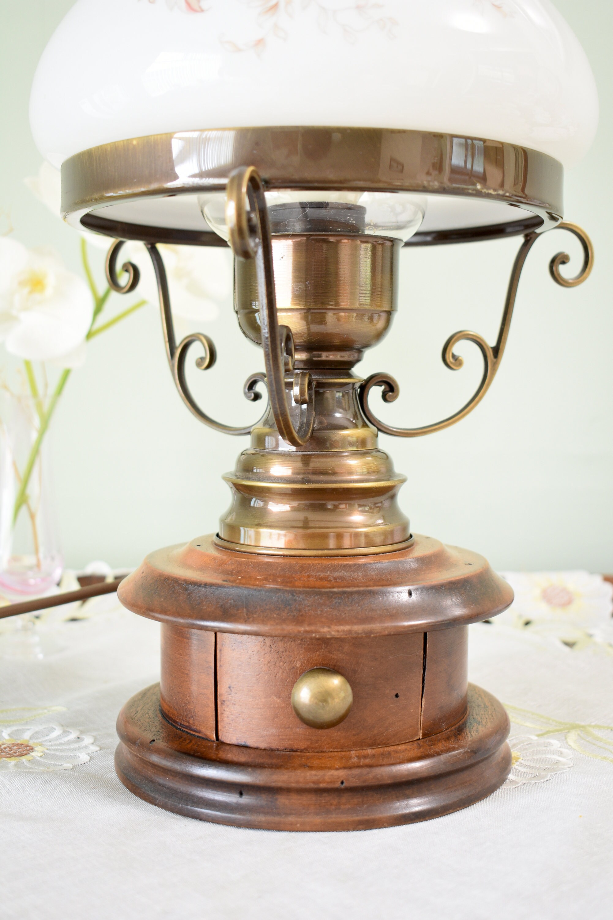 Buy Vintage Mid Century Retro Milk Glass , Wooden ,table Lamp