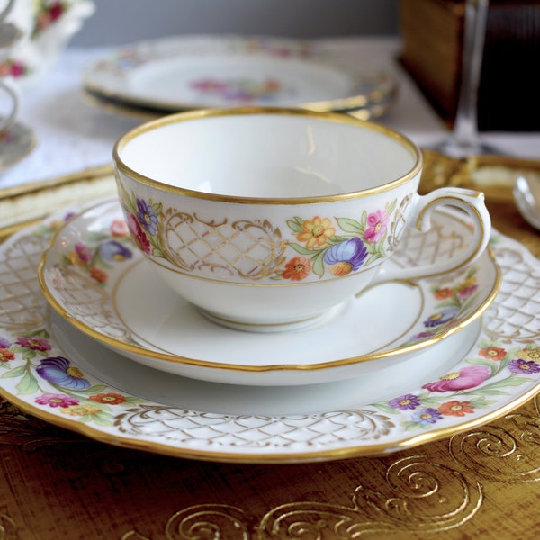 Vintage Schumann Arzberg Dresden Empress Floral,embossed porcelain Bavaria Germany Teacup, saucer and side plate, price per trio set#2103192