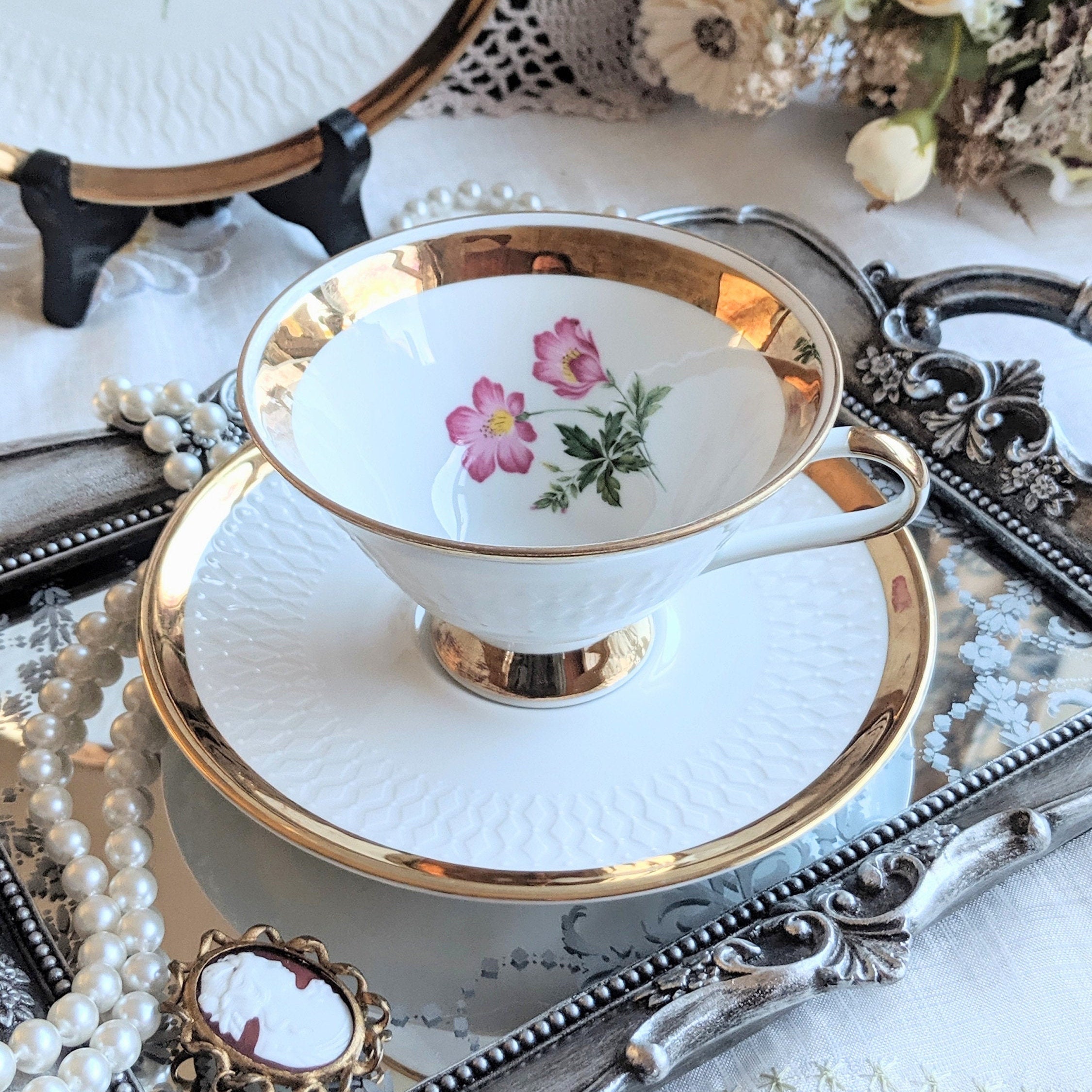 Mid Century Winterling Bavaria Sterchschuabel flower pattern porcelain footed teacup,saucer and side plate c1950 Made in Germany#2008294