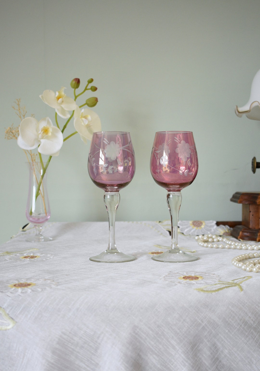 Pair of Floral Etched Pink Stemmed Wine Glasses, Hand Made Glass. Wine