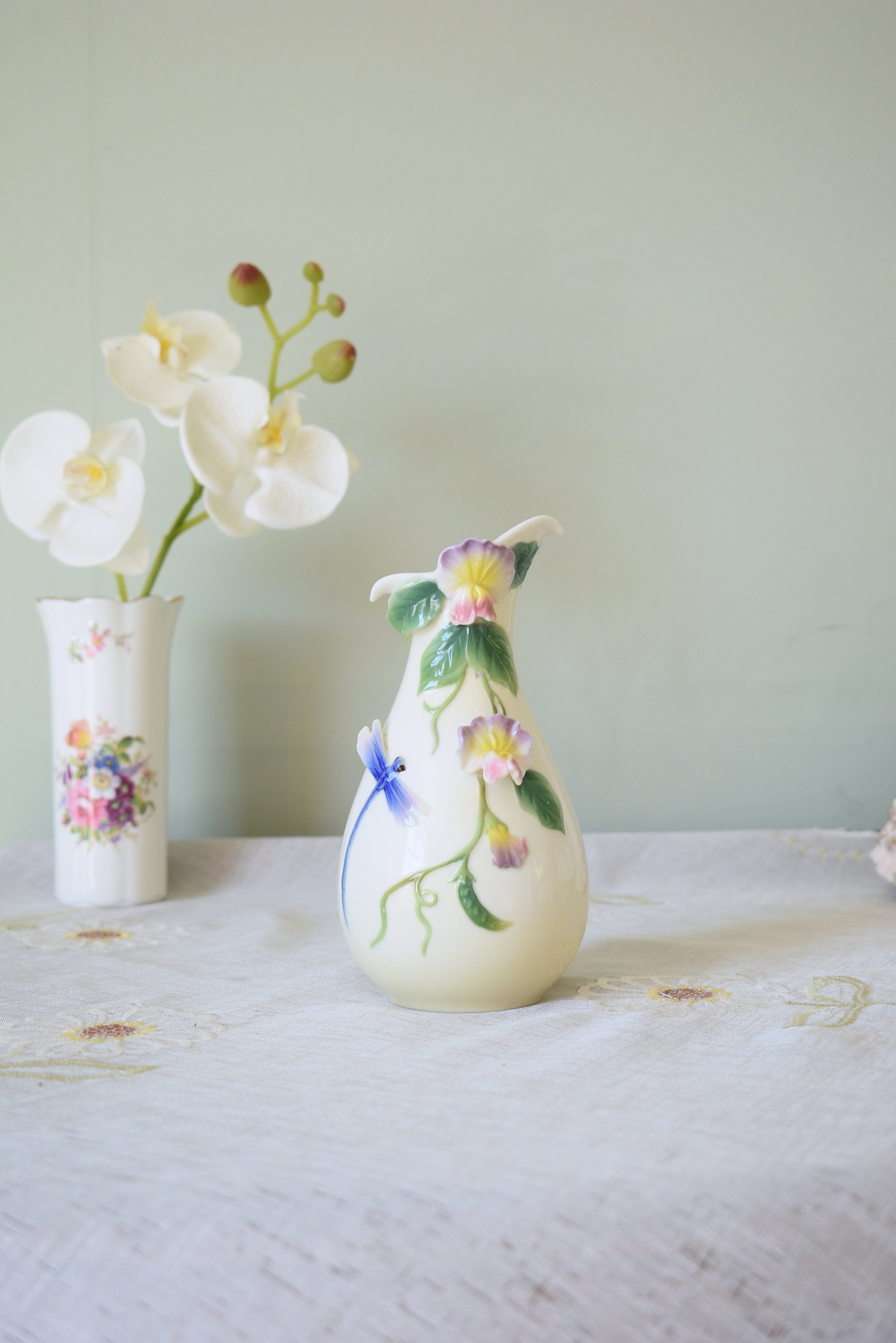 Graff Porcelain Vase With 3D Dragonfly and Flowering Pea