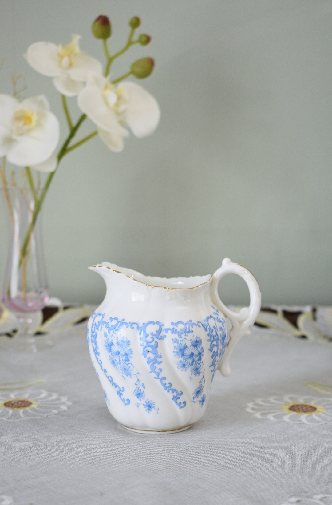 Bone Inlay Rice Pitcher Primitive Antique Art Nouveau Daisy Swirly Creamer Jug / Pitcher , Bone China ...