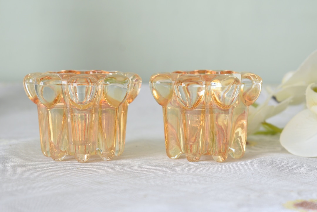 Pair of Vintage Reims France Mid Century Amber Glass Candle Stick