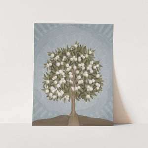 May include: A stylized illustration of a tree with white blossoms and green leaves against a blue background with a circular pattern.