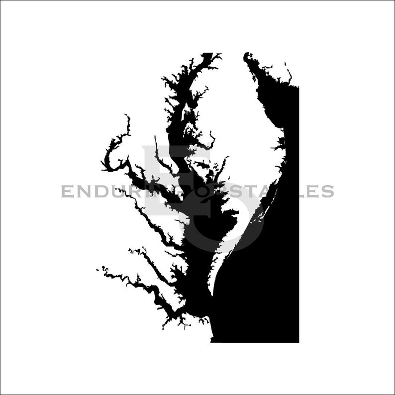May include: Black and white silhouette of the Chesapeake Bay, a large estuary on the East Coast of the United States.
