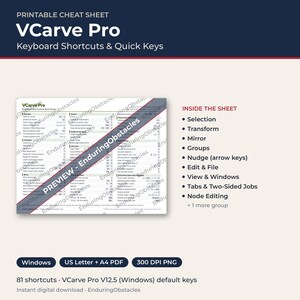 VCarve Pro Keyboard Shortcuts Cheat Sheet, Printable CNC Router Quick Reference, Vectric Shortcut Guide PDF, CNC Shop Printable