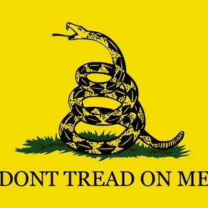 May include: A yellow flag featuring a black coiled rattlesnake with the words "DONT TREAD ON ME" in black lettering.