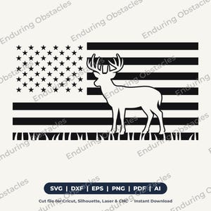 May include: A black and white digital graphic featuring a silhouette of a deer standing in grass against a background of the American flag. Below the graphic, a dark horizontal bar contains the text SVG, DXF, EPS, PNG, PDF, AI.