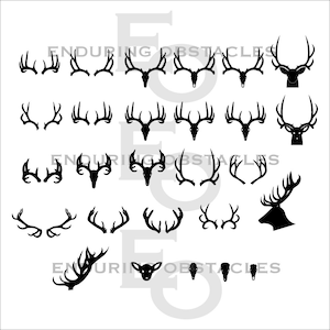 May include: A collection of 20 black and white silhouette images of deer antlers. The antlers are in various shapes and sizes, some with a deer head included. The text "ENDURING OBSTACLES" appears three times in the image.