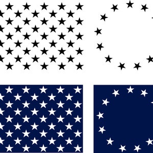 May include: Four images of stars in different arrangements. The top left image shows a grid of black stars on a white background. The top right image shows a circle of black stars on a white background. The bottom left image shows a grid of white stars on a dark blue background. The bottom right image shows a circle of white stars on a dark blue background.