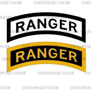 May include: Two versions of the US Army Ranger tab. The top tab is black with white text. The bottom tab is yellow with black text. Both tabs have the word "RANGER" printed on them.
