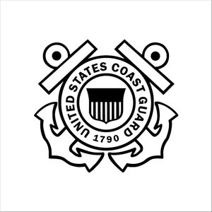 May include: Black and white illustration of the United States Coast Guard emblem. The emblem features an anchor with a shield in the center. The shield has 13 stripes and the text "UNITED STATES COAST GUARD 1790".