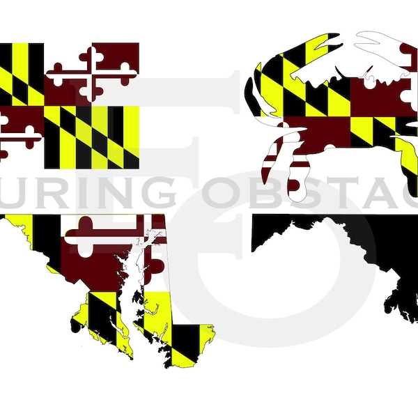 Maryland Flag , MD State Outline, Blue Crab, Digital Vector File SVG, ai, png, dxf, eps, pdf