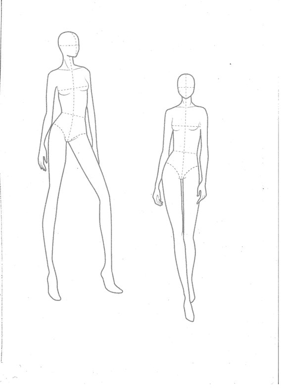 Technical Drawing Of Womans Figure Vector Thin Line Girl Model Template For  Fashion Sketching Womans Body Poses The Position Of The Hand At The Waist  And Walking On Runway Separate Layers Stock
