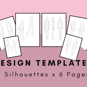 May include: Eleven fashion design templates on six pages, featuring different body silhouettes for creating clothing designs.
