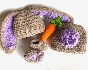 PDF Pattern Fluffy Bunny Baby Set - Newborn Photo Prop Crochet Pattern | Bernat Blanket Yarn Pattern | Easter Rabbit Carrot Baby Gift