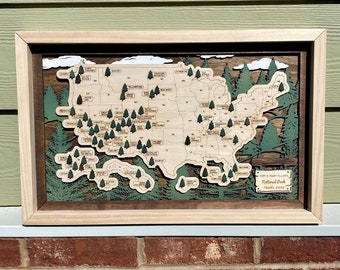 May include: A wooden map of the United States with green trees marking the location of National Parks. The map is framed in a light wood frame and has the text "I've Been to Many Places, National Parks, Travel Good" on a small sign at the bottom.