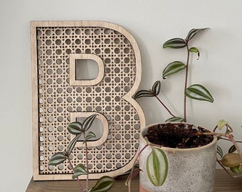 May include: A wooden letter B with a woven cane pattern. The letter is standing on a wooden shelf with a potted plant in front of it.