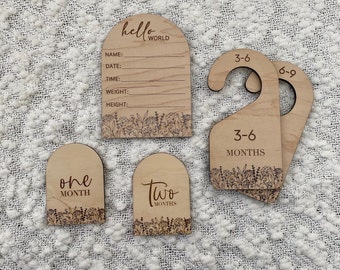 FORFAIT | Disques d’étape mensuels en bois | Signe de statistique de naissance en bois | Diviseurs de placard en bois | Pépinière florale