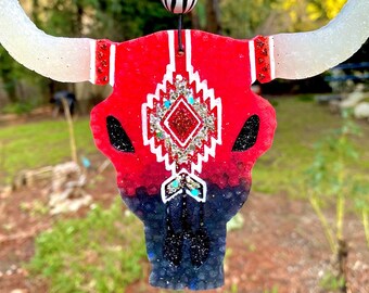 Custom Glitter Aztec Bull Skull Aroma Bead Car Freshie || Bull Car Air Freshener Ornament || Boho Car Accessory