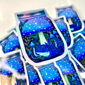 Holographic Mushroom Magic and Trippy Frog in Jar Waterproof Vinyl Sticker